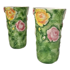 Pair, Italian 3d Majolica Floral Vases Roses Green Pink Yellow Hand-Painted