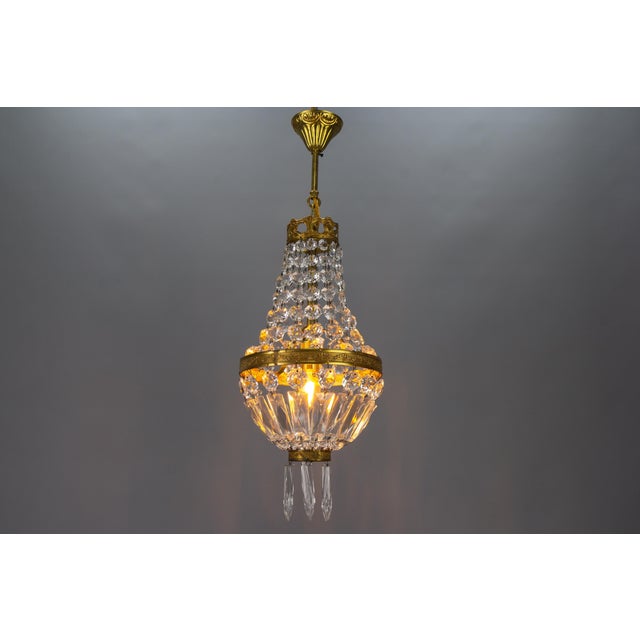 French Empire Style Brass and Crystal Glass Basket Chandelier, 1950s For Sale - Image 13 of 18