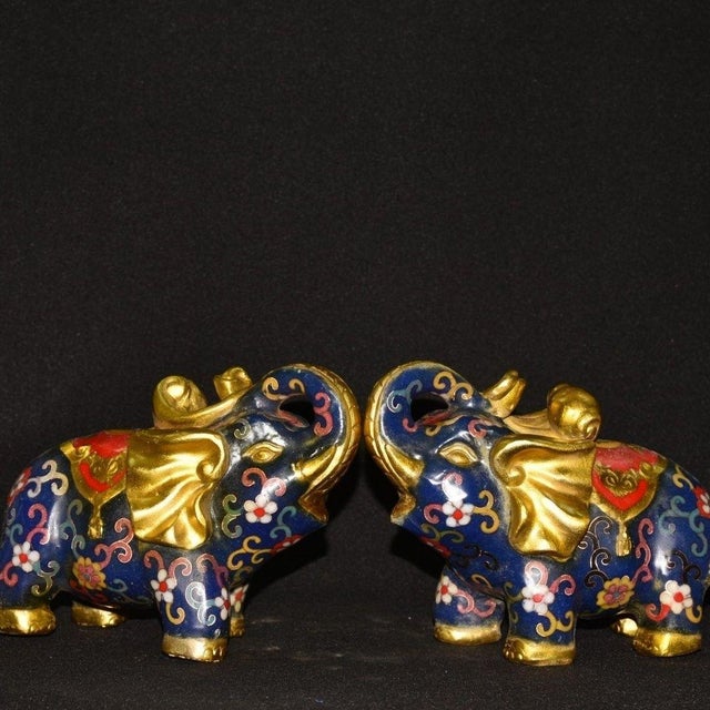 Metal Pair of Vintage Cloisonne Enamel Elephant Figures – 6.7" Gilt Floral Motif Statues For Sale - Image 7 of 9
