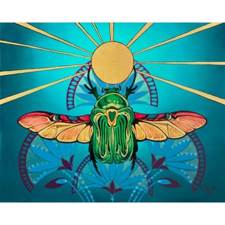 Khepri by Rhonda Libbey | Oil and 24 karat gold leaf on panel Beetle with sun and geometric patterns. For Sale