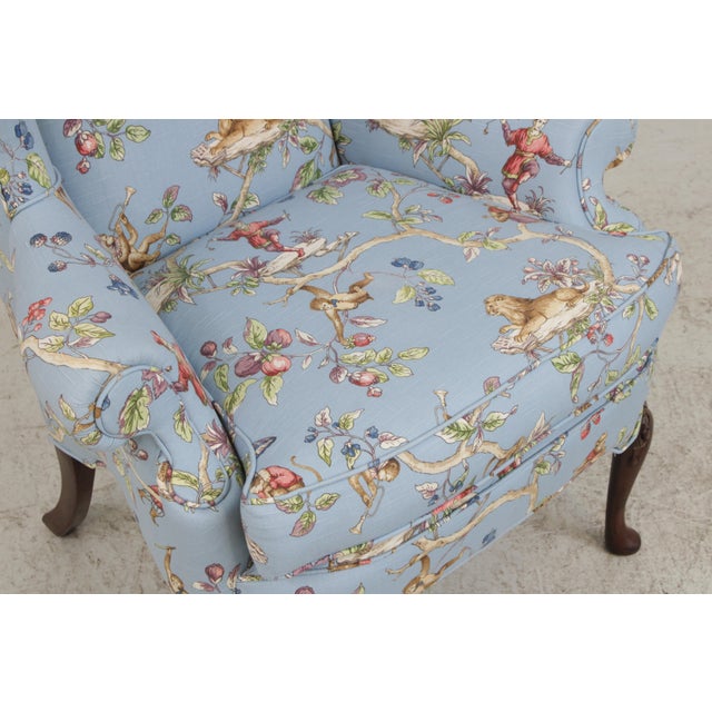 Pair Jungle Boogie Monkey Toile Upholstered Wing Chairs For Sale - Image 11 of 14