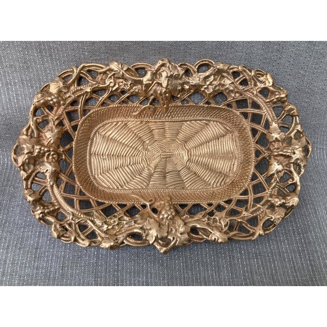 Metal Antique Polished Bronze Reticulated Dish Catchall For Sale - Image 7 of 11