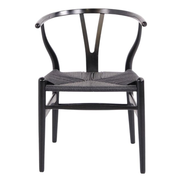 CH24 Wishbone Chair in Black with Black Paper Cord Seat by Hans J. Wegner, 1950s For Sale