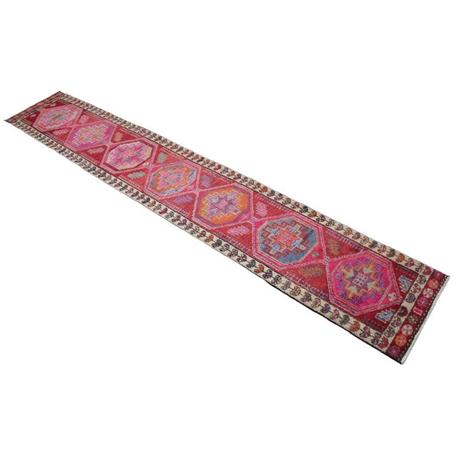 Ruby Red Turkish Runner Rug, Hand-Knotted Organic Wool Runner Rug Kitchen Island Sied Long - Narrow Runner For Sale - Image 8 of 14