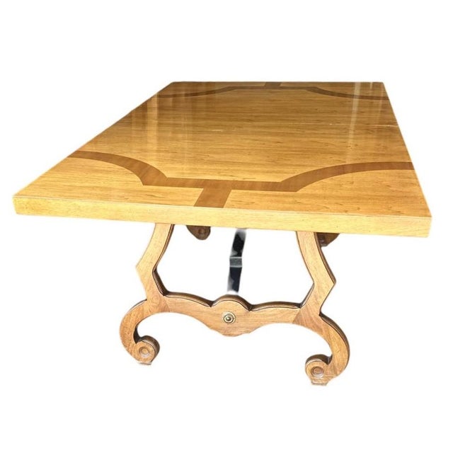 Spanish Thomasville Spanish Style Pecan Lyre Leg Dining Table Extending to 104” - Made in 1964 For Sale - Image 3 of 10