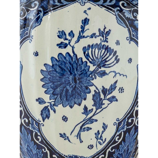 1970s Boch Frères Large Delft Blue Table Lamps, New Red Velvet Shades, Set of 2 For Sale - Image 5 of 13