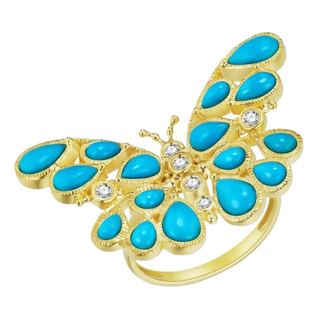 Nina Zhou Butterfly Turquoise Diamond Cocktail Ring in 14k Yellow Gold, size 5.5 For Sale