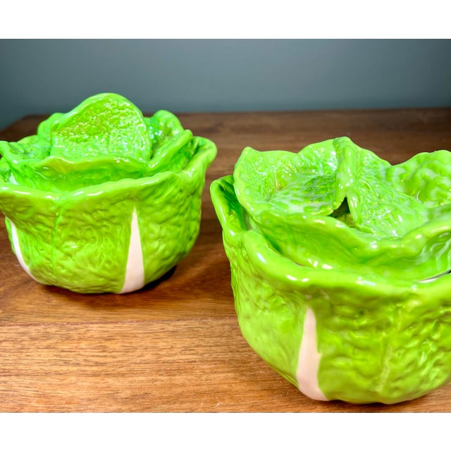 Mid 20th Century Vintage Green Cabbage Lidded Pottery Bowls - a Pair For Sale - Image 5 of 9