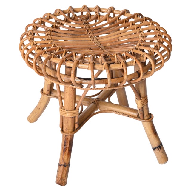 Italian Round Stool in Rattan and Bamboo by Franco Albini, 1960s For Sale