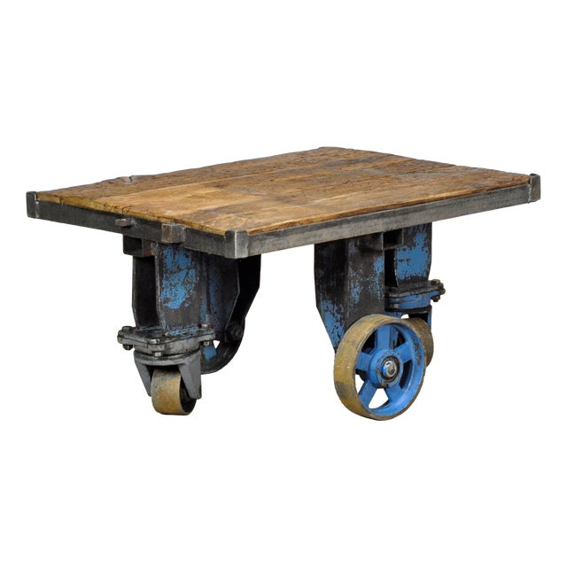 Industrial Iron and Pine Coffee Table, 1960s For Sale