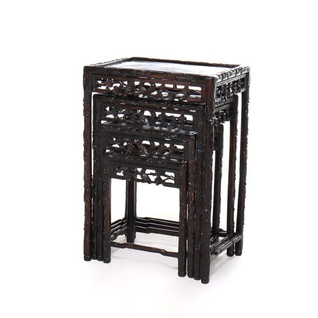 1900 - 1909 Set of 4 Antique Chinese Floral & Figural Carved Hardwood Nesting Tables For Sale - Image 5 of 13