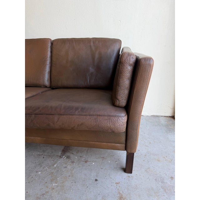 Brown Vintage Danish Brown Leather Sofa in Style of Stouby | Mid-Century Modern 3-Seat Couch For Sale - Image 8 of 10