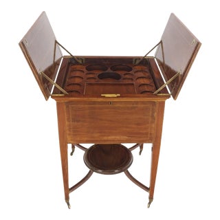 Antique Inlay Mahogany Liquor Cabinet w/ Contents Raising Mechanism Unique For Sale