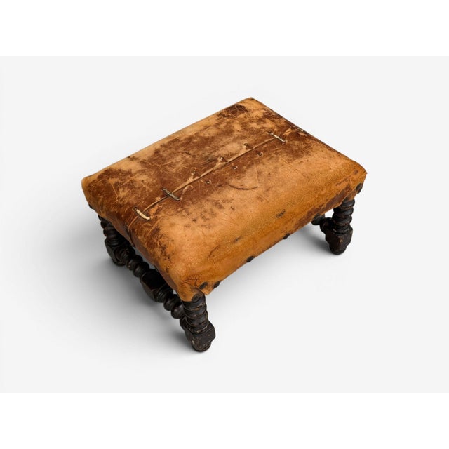 Baroque, Small Footstool, Leather, Turned Walnut, 19th C. For Sale - Image 10 of 12