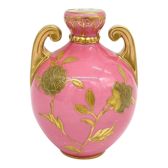 Antique Royal Crown Derby Gilt Pink Amphora Vase 4 Inch High England For Sale