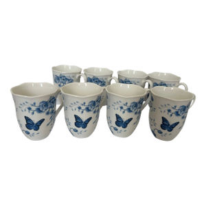 1970s Butterfly Meadow Toile Blue Porcelain Mugs by Lenox- Set of 8
