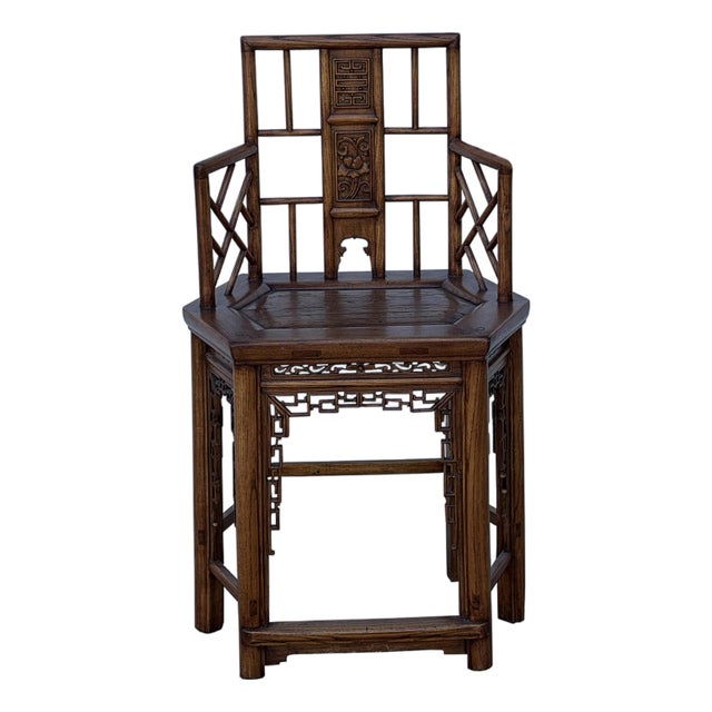 Vintage Brown Lattice Work Hexagonal Narrow Accent Armchair For Sale