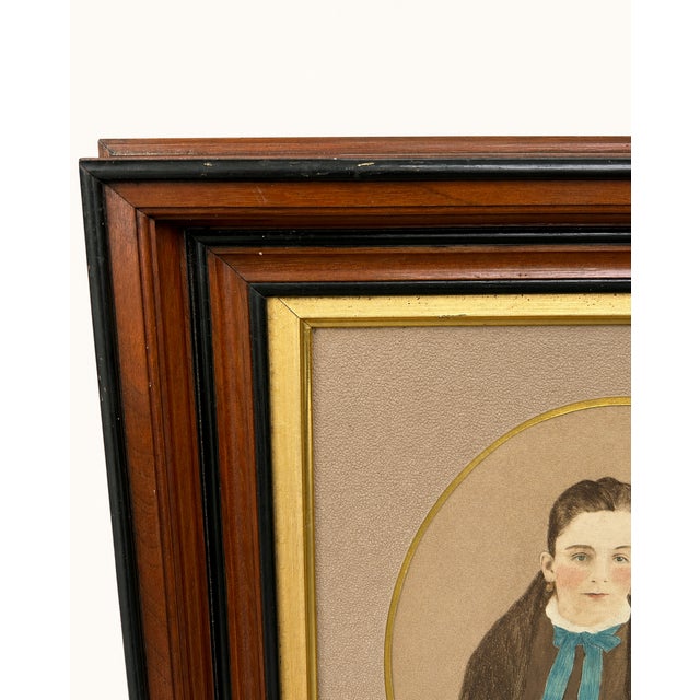 Wood Late 19th Century Walnut & Ebonized Portrait Frame With Hand-Colored Oval Girl Image For Sale - Image 7 of 11