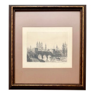 Antique 1887 Original Framed Ernest George “Ancient Bridge & City Wall” Copper Plate Etching For Sale