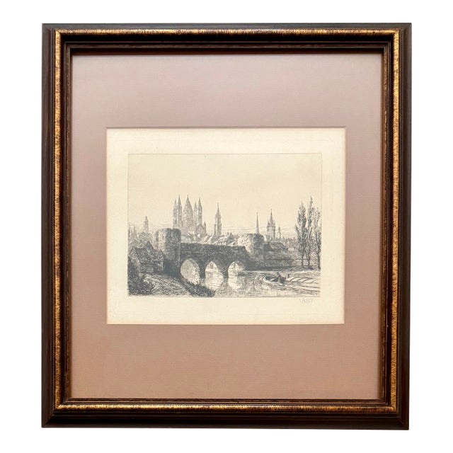 Antique 1887 Original Framed Ernest George “Ancient Bridge & City Wall” Copper Plate Etching For Sale
