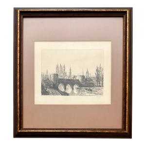 Antique 1887 Original Framed Ernest George “Ancient Bridge & City Wall” Copper Plate Etching