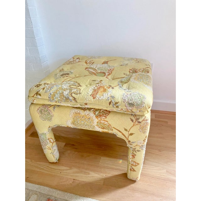 Gorgeous yellow needlepoint style upholstery fabric covers this chinoiserie style footstool. It’s pretty large and super...