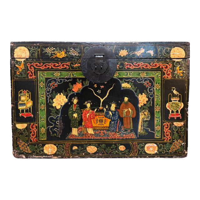 Antique Chinese Opera Trunk Hand Painted Wedding Chest Floral Motif For Sale