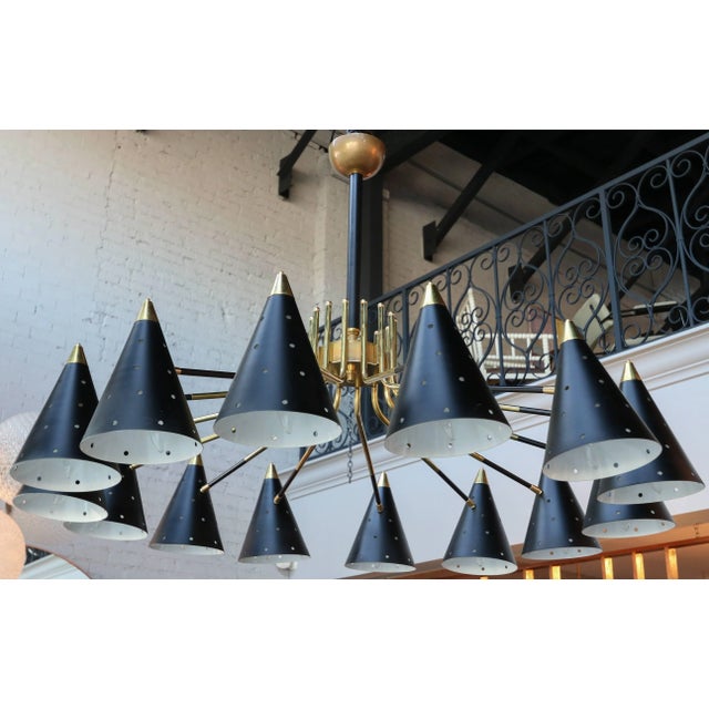 Mid-Century Modern Midcentury Style Brass Chandelier With Black Perforated Shades For Sale - Image 3 of 9