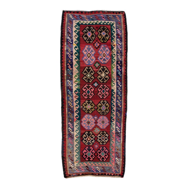 1960s Vintage Turkish Kilim Red Handmade Tribal Wool Runner For Sale
