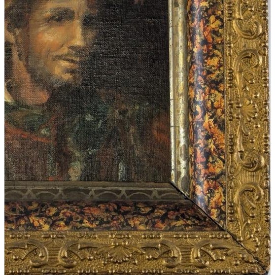 Burnt Umber Antique French Style Oil on Canvas Miniature Portrait of a Man in Historical Costume For Sale - Image 8 of 9
