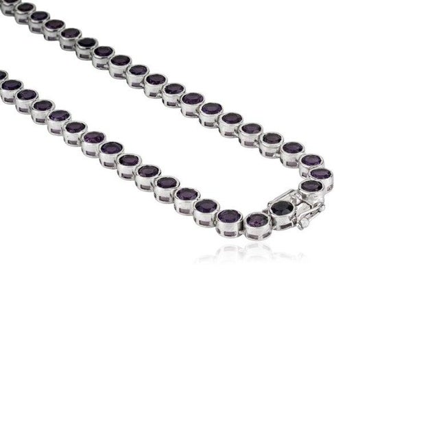 Metal Round Cut Deep Purple Amethyst Gemstone Tennis Necklace- Silver Jewelry by Caratandher For Sale - Image 7 of 12