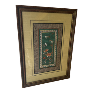 1970s Hand Embroidered Silk Green, Bamboo, Framed Work of Art