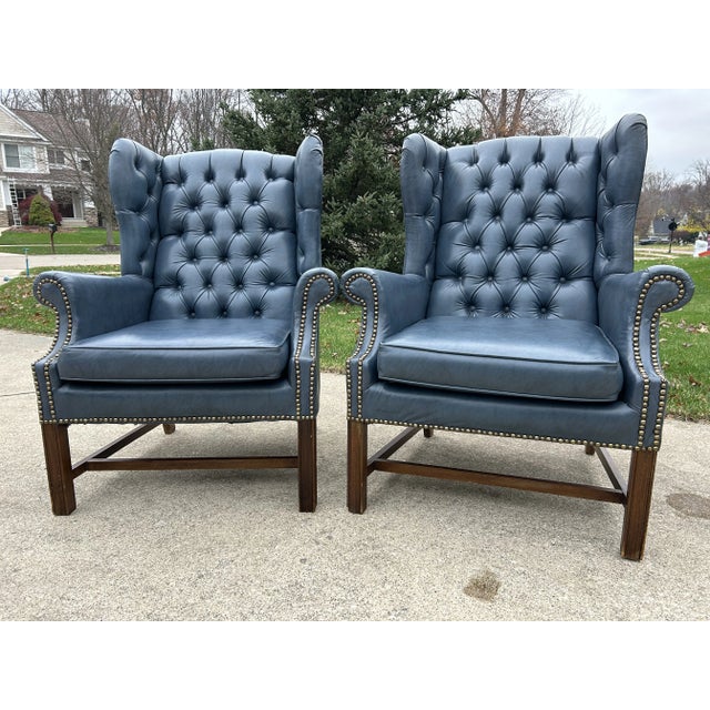 Mid-Century Chesterfield Wingback Chairs, a Pair - Tufted Blue Faux Leather With Nailhead Detailing For Sale - Image 10 of 11