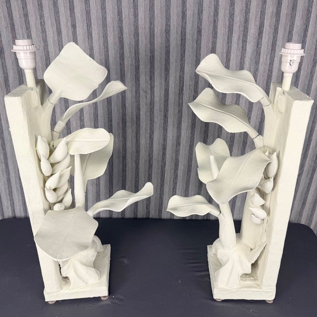 White 1990s Hand Carved Wood Banana Plant Lamps Finished in White Plaster - A Pair For Sale - Image 8 of 14