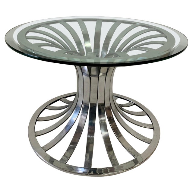 Vintage Russell Woodard Polished Aluminum Side Table w/ Glass Top For Sale - Image 16 of 18