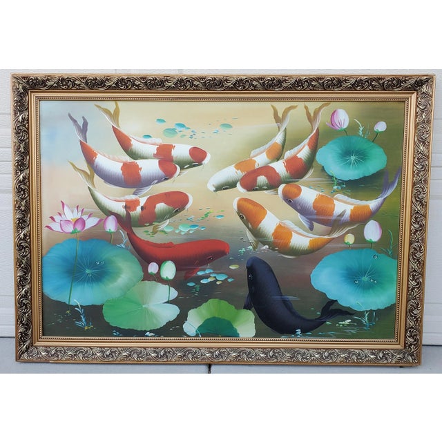 Exquisite Original Large colorful Oil Painting on Board School of Koi fish (9) swimming around Lake Pond with Lily pads...