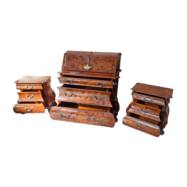 Brown Vintage Dutch Baroque Triptych Drop-Leaf Cabinet and Inlaid Nightstands, 1920s, Set of 3 For Sale - Image 8 of 18
