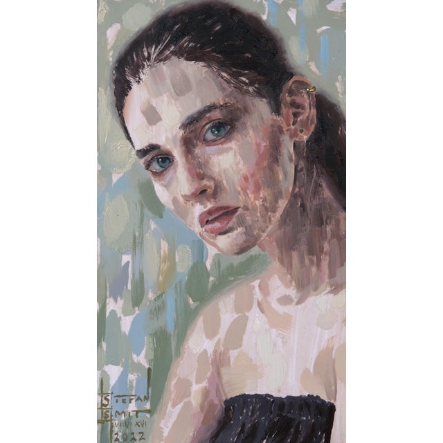 Boundaries by Stefan Smit | Oil on panel Portrait of a woman with blue eyes and soft features. For Sale