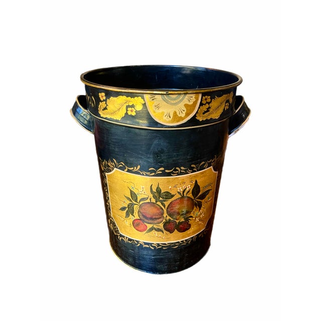 English English Traditional Black Tole Decoupage and Stenciled Two Handle Pail For Sale - Image 3 of 11