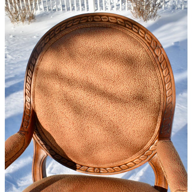 Vintage Fairfield Louix XVl French Style Carved Fruitwood Round Back Arm Chair For Sale - Image 10 of 12