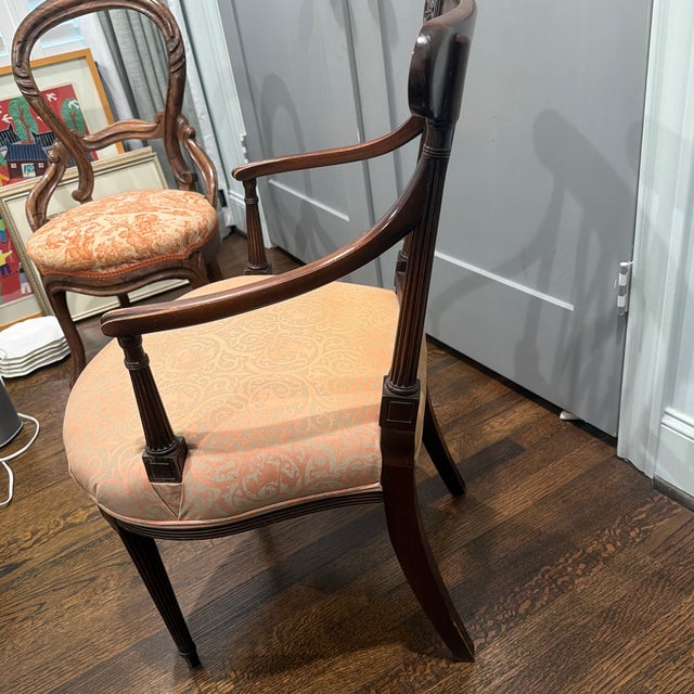 Late 20th Century Late 20th Century Neoclassical Mahogany Finish Open Arm Accent Chair With Damask Upholstery For Sale - Image 5 of 9