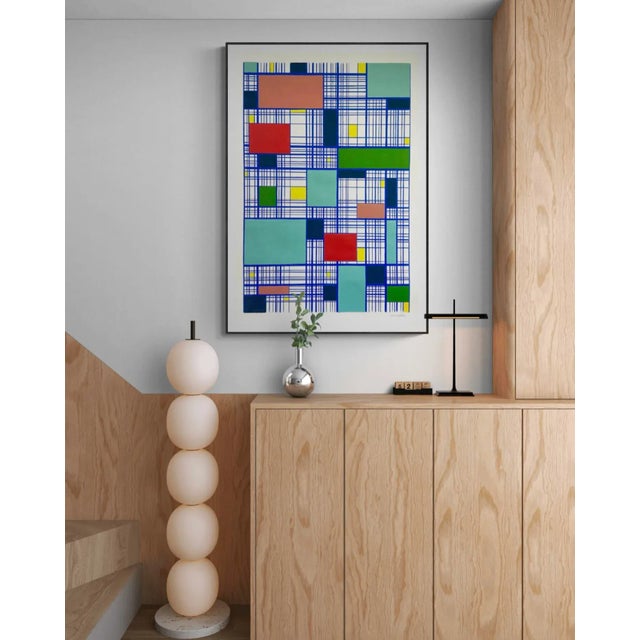 Mid-Century Modern Blue Grid Painting on Paper For Sale - Image 3 of 6
