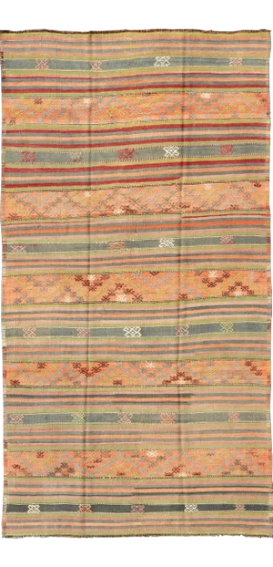 Vintage Turkish Kilim Rug With Geometric Shapes and Colorful Stripes