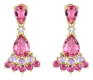 Nina Zhou 2.74ctw Pink Tourmaline, Moonstone & Diamond Drop Earrings in 14k Yellow Gold, A Pair