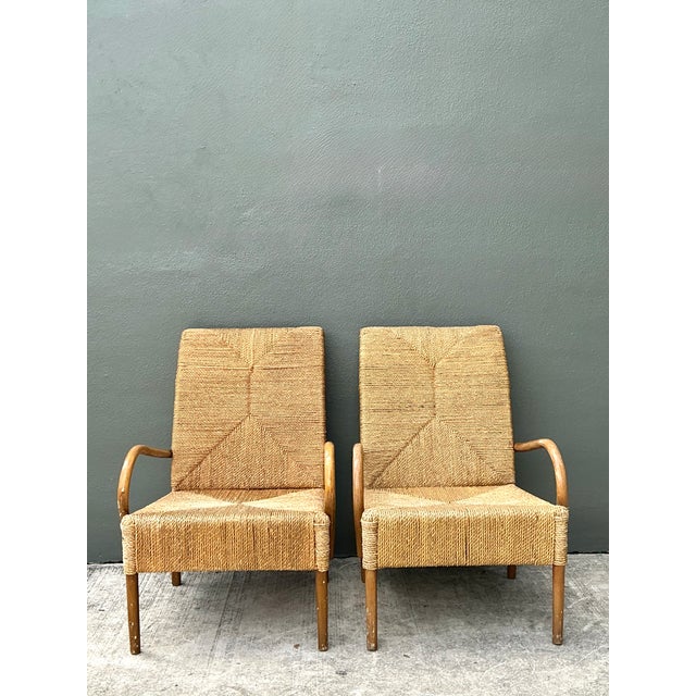 Contemporary Vintage Japanese Wood and Twisted Jute Lounge Chairs - Pair For Sale - Image 3 of 12
