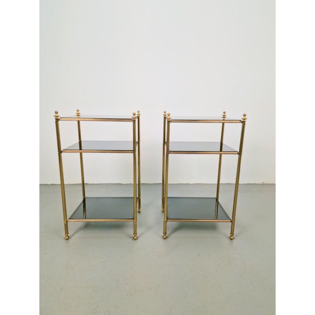 Maison Jansen Mid-Century Modern 3-Tier Side Tables in Brass and Smoked Glass from Maison Jansen, 1960s, Set of 2 For Sale - Image 4 of 13