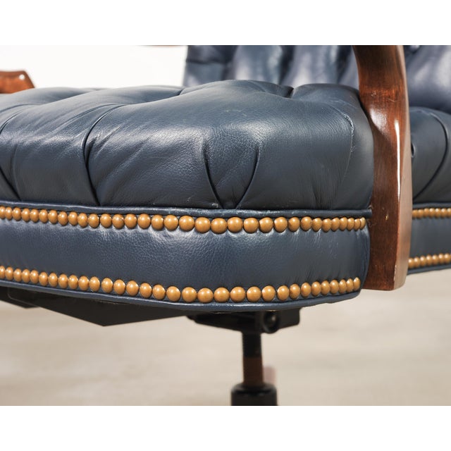 Royal Blue English Regency Style Tufted Leather Executive Office Chair For Sale - Image 8 of 18