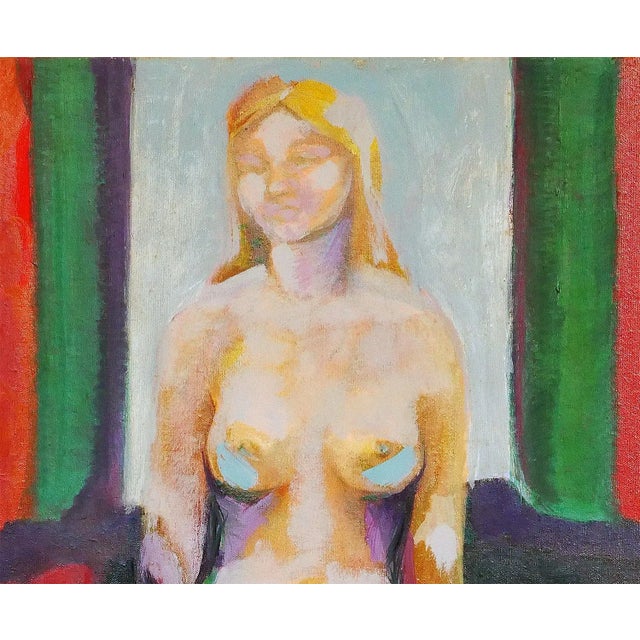 Textile 1970s Modern Abstract Red and Green Toned Interior Painting of a Nude Female Figure by Margaret Nobler For Sale - Image 7 of 9