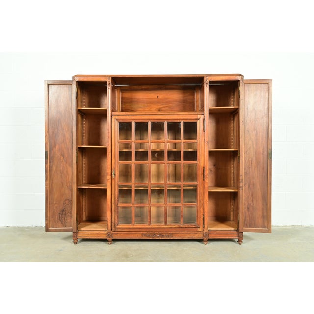 Early 20th Century Louis Majorelle Style Antique French Art Nouveau Carved Burled Walnut Bibliotheque Bookcase Cabinet, Circa 1900 For Sale - Image 5 of 15