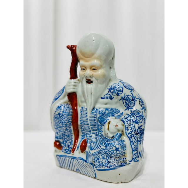 White Hand Painted Chinese Blue & White Asian Porcelain Immortal Figure With Cane For Sale - Image 8 of 11